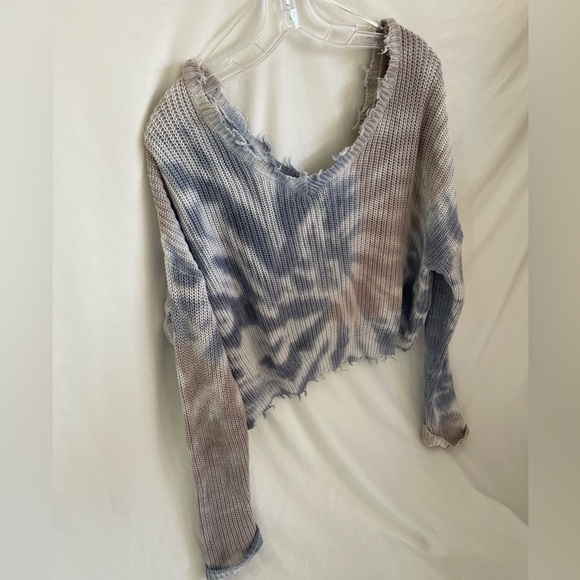 Jessica Simpson Women’s Sweater Tie Dye Waffle  Knit Crop Blue/brown/white Large - Picture 6 of 10